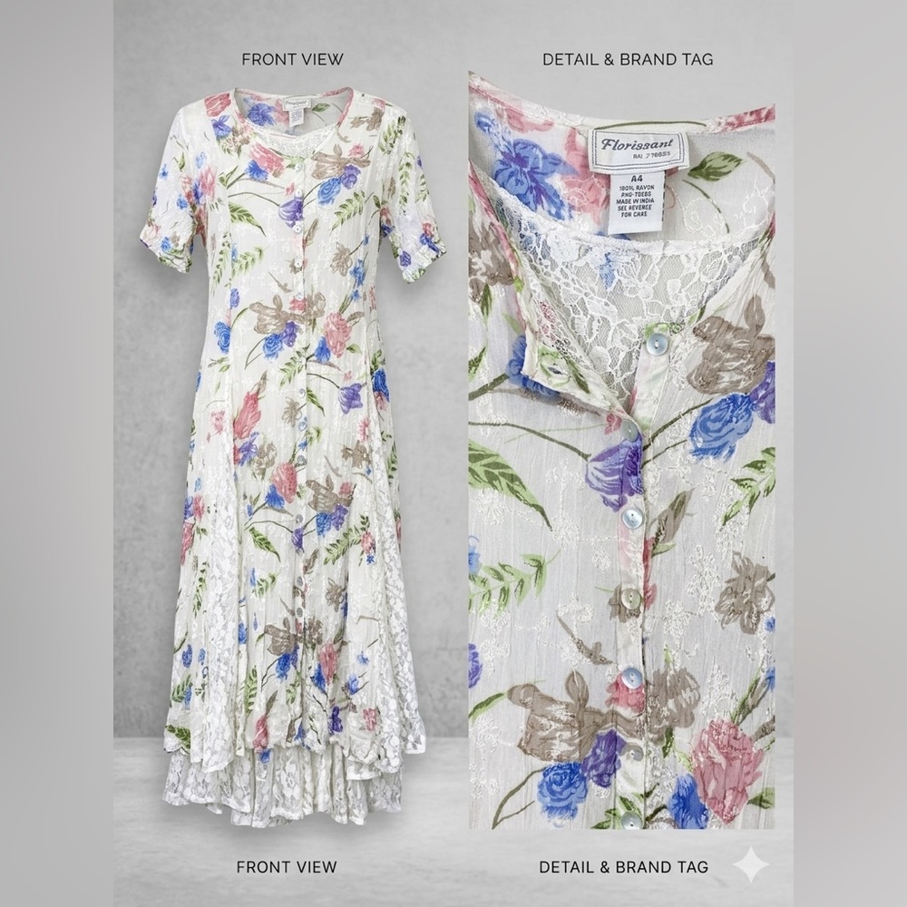 Vintage Florissant embroidery cottagecore floral dress‎ 100% Rayon, Romantic 2X